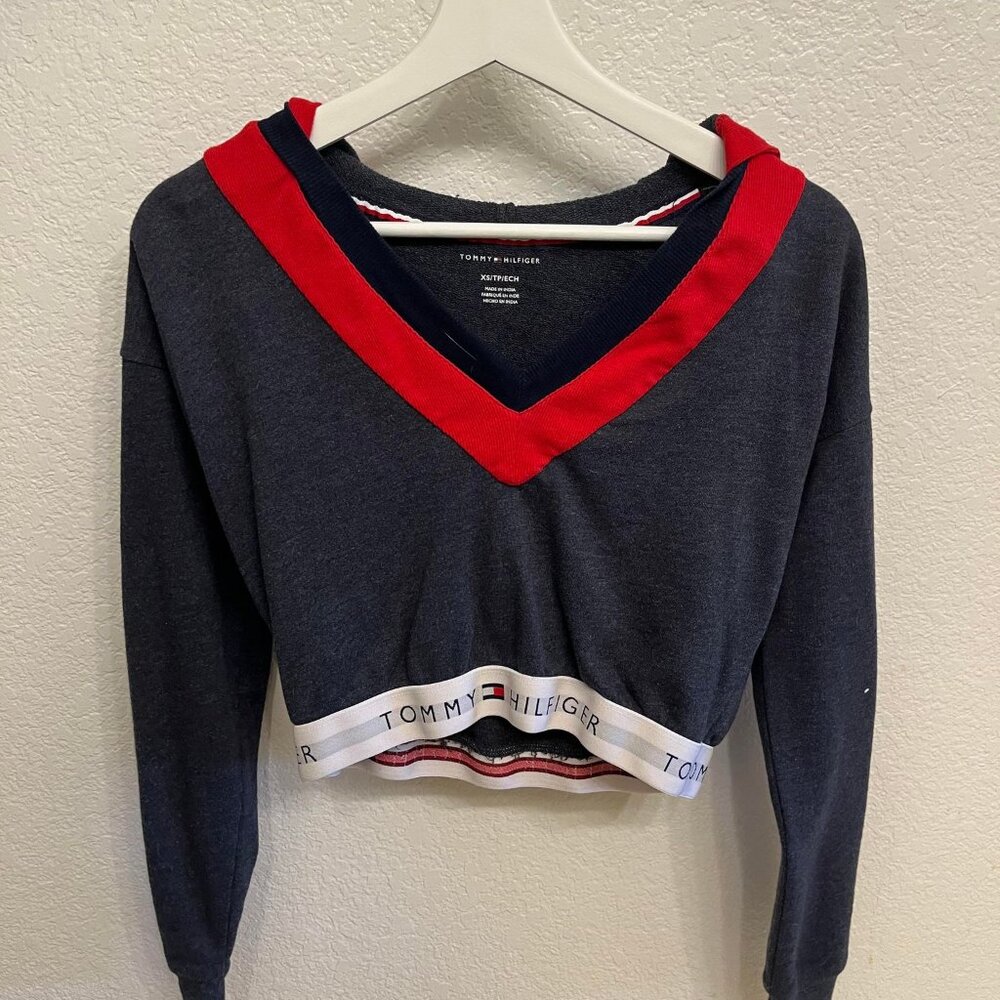 Tommy Hilfiger Logo Gray Cropped Hoodie Sweatshirt V-Neck Sz XS Urban Outfitters